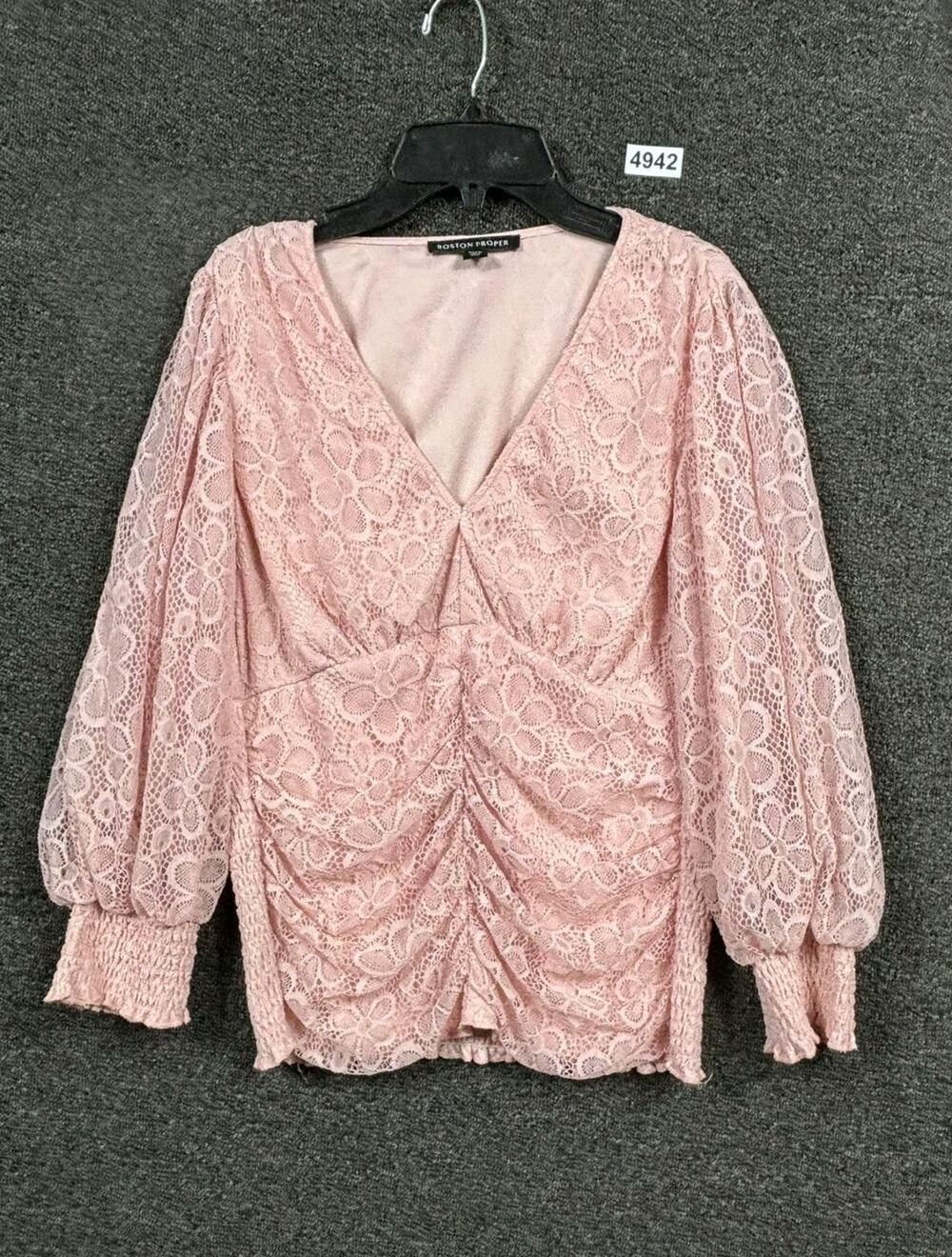 Boston Proper Blouse Womens Size M Lace Ruched V Neck Knit Pink Floral